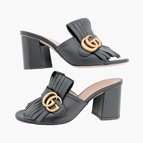 Gucci GG Fringe Sandals EU 36.5 US 6.5 Black Marmont Mules Block Heel Slide Logo - Picture 8 of 12